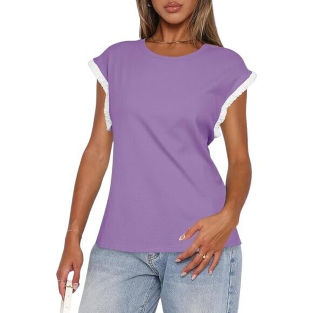 Casual Ruffle Cap Sleeve Crew Neck Tops Blouse Purple Size XL NWT #0465-NA